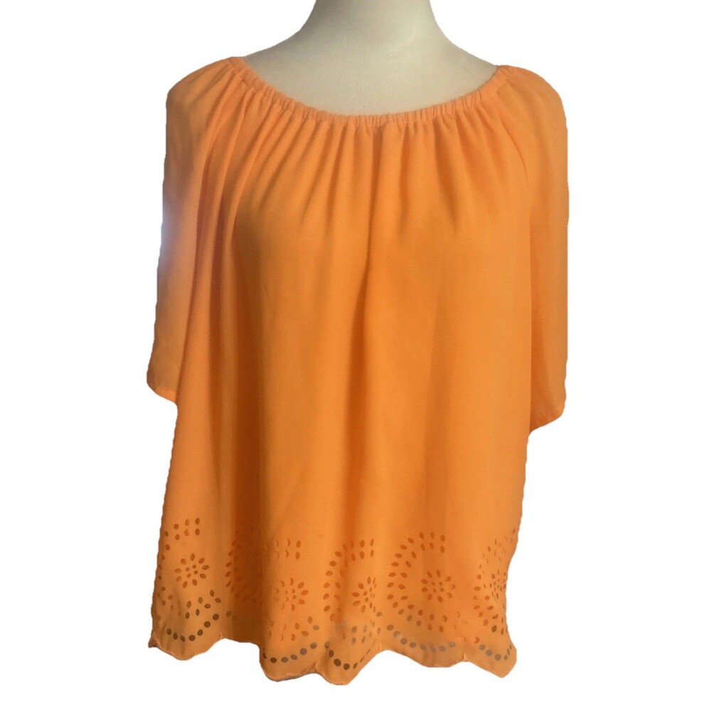 Chicos Womens Size 2  Off The Shoulder Orange Cutout Scallop Hem Eyelet  Blouse